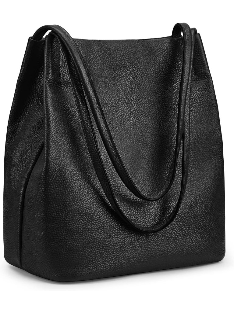 Women's Black Genuine Leather Shoulder Bag With 5 Pockets And Top Magnetic